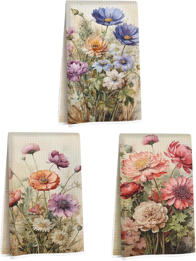 3 Pcs Vintage Floral Kitchen Towels, Vibrant Decorative Absorbent Microfiber Dish Cloth Tea Towel, Durable Waffle Hand Towels for Farmhouse Home Bathroom, Housewarming Gifts for Women
