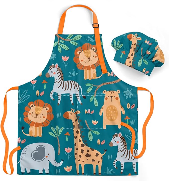 SANDJEST Kids Apron with Chefs Hat Set, Kitchen Apron Gifts
