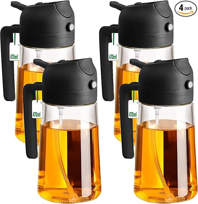 4 Pack 16oz/470 ml Olive Oil Dispenser Bottle 2 in 1 Clear Glass Oil Sprayer and Container Refillable Vinegar Dispenser with Automatic Cap Portable Spray Bottle for Cooking Baking Black