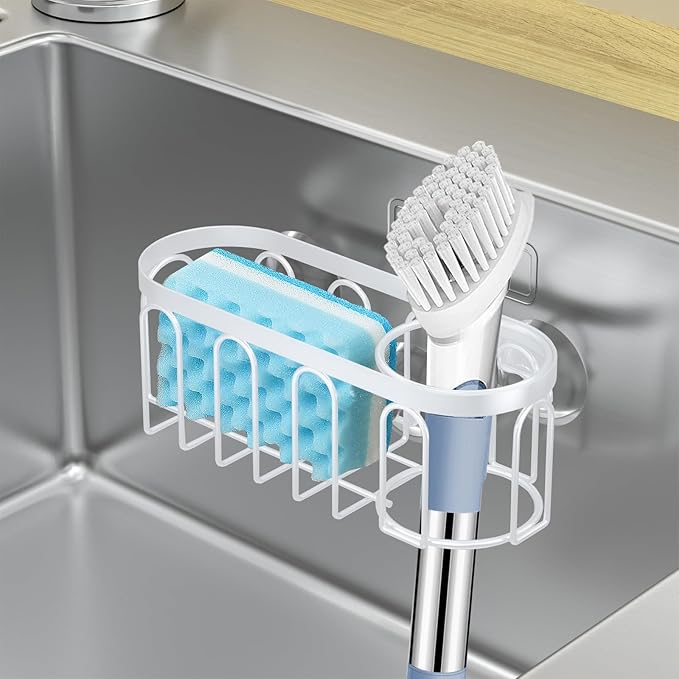 Yazoni 2-in-1 Sponge Holder for Kitchen Sink, Sink Caddy Kitchen Sink Organizer with 3 Suction Cups, No Drill Rustproof Sink Sponge Holder for Dish Brush, Soap & Sponge (White)