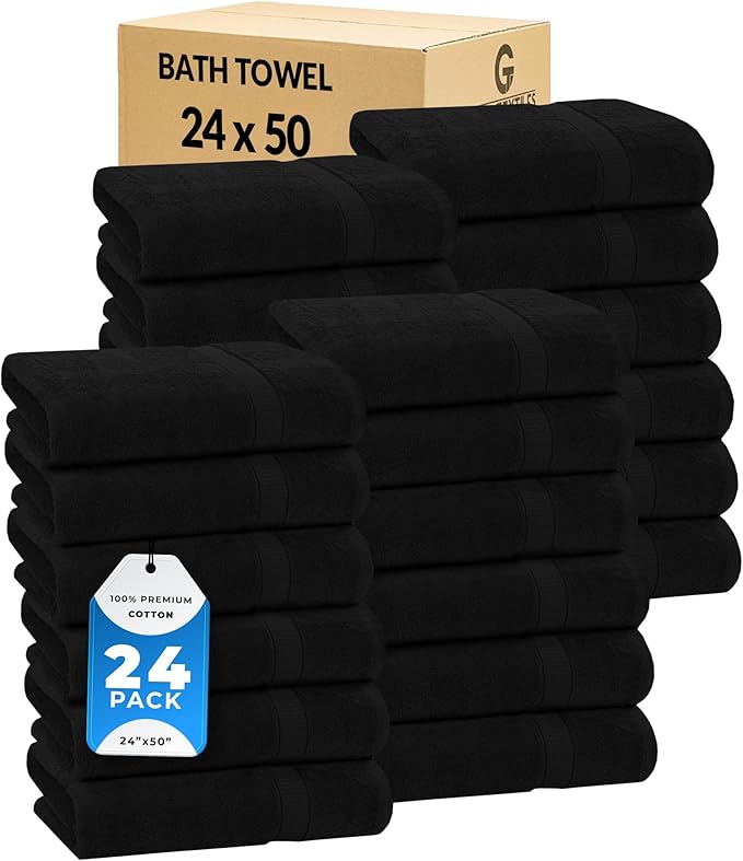 GOLD TEXTILES Premium Black 100% Cotton Bath Towels Set (24 Pack, 24 x 50 Inch) High Absorbency Multipurpose Quick Drying Pool Gym Hotel Spa Bath Towel (24, Black)