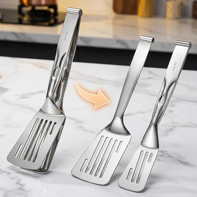 [2-in-1 Detachable Design] 12-Inch 304 Stainless Steel Spatula Tongs, Rust-Proof Metal Tongs for High Heat Cooking, Professional Food Turner for BBQ and Grilling, Durable Kitchen Essential