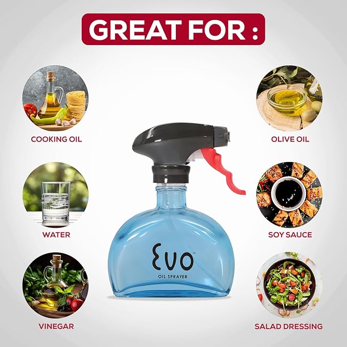 Evo Glass Oil Sprayer, Non-Aerosol For Olive Oil, Cooking Oils And Vinegars, Blue, 6-Ounce Capacity, For Grilling, Roasting, Air Frying, Baking And Salad Prep