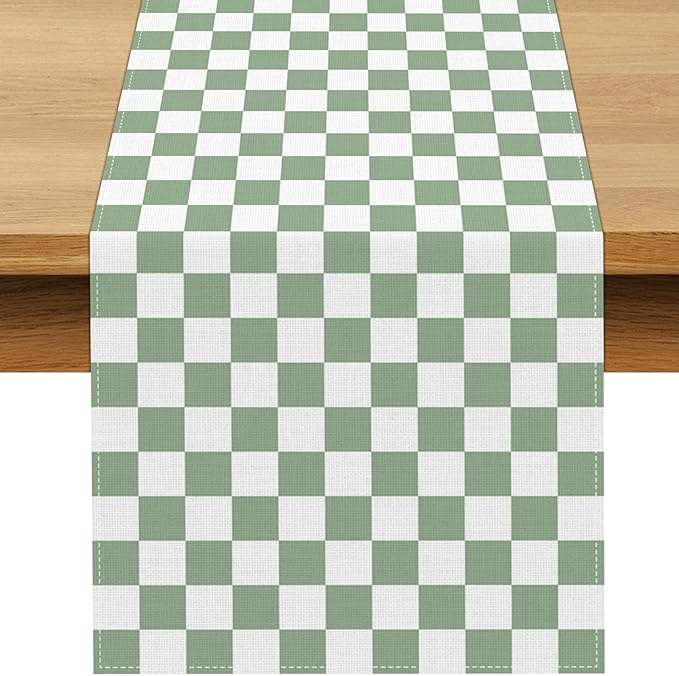 Sage Green Checkered Table Runner Green and White Classic Checkerboard Table Decorations for Wedding Birthday Bridal Baby Shower Home Party Kitchen Island Decor (Sage Green, 13" x 72")