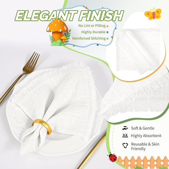 Showgeous 30 Pack White Cloth Napkins with Fringe 16x16 inch 100% Cotton White Napkins Handmade Dinner Napkins Bulk Washable Soft Rustic Table Napkins for Wedding Parties Bridal Baby Shower