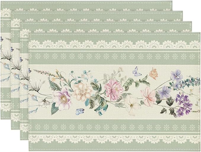 Artoid Mode Green Printed Lace Floral Spring Placemats Set of 4, 12x18 Inch Seasonal Summer Holiday Table Mats for Party Kitchen Dining Decoration