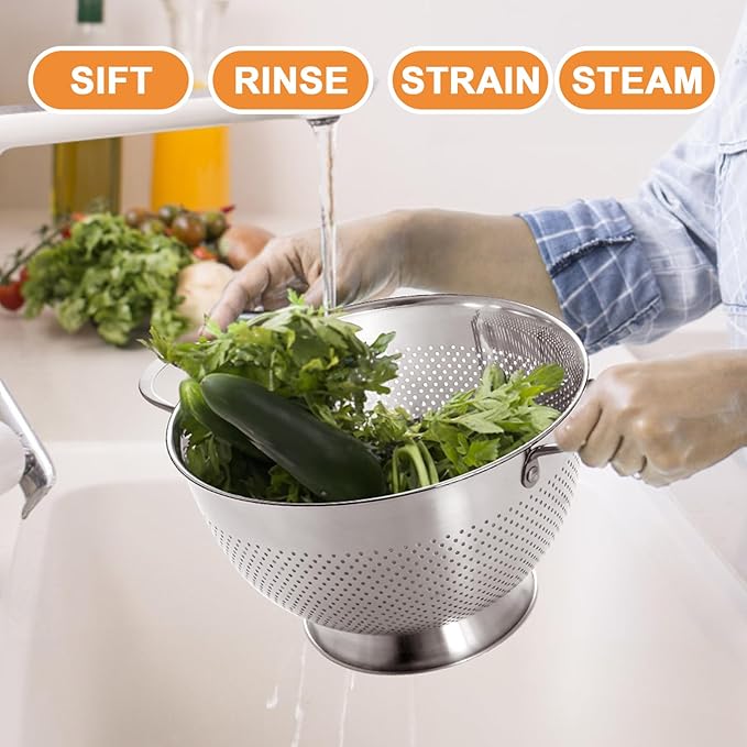 Stainless Steel Colander for Kitchen | 5 Quart Durable Rice and Pasta Strainer with Handle | Oversized Handles | Nesting Design | Rust-Resistant & Dishwasher Safe