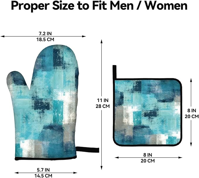Turquoise Grey Oven Mitts and Pot Holders Sets of 4 Modern Teal Abstract Art Oven Gloves for Kitchen Baking Cooking Grilling (Turquoise)