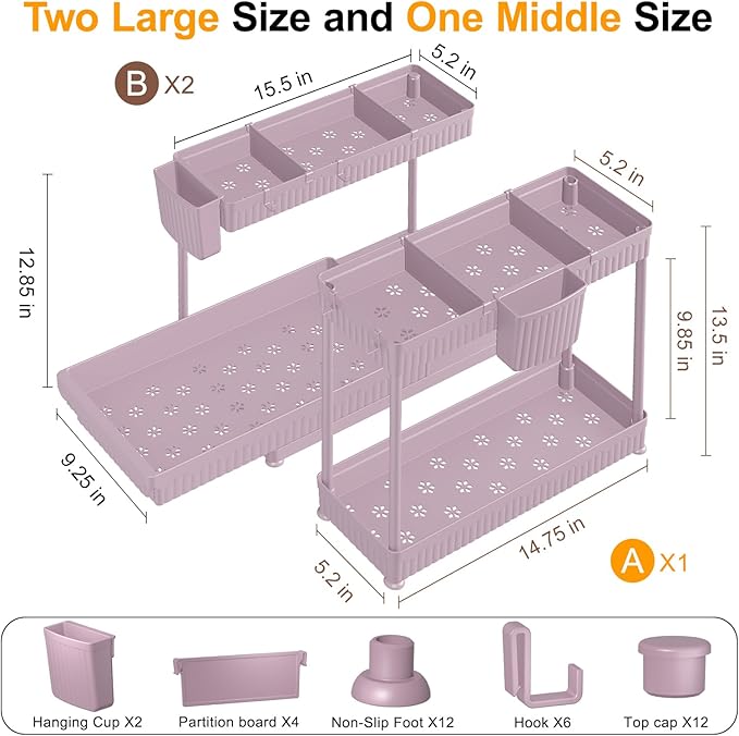 Sevenblue 3 Pack Multi-Purpose Under Sink Organizers and Storage, 2026 L-Shaped Pull Out Cabinet Organizer for Bathroom & Kitchen, Under Cabinet Organizer with Hooks Hanging Cup (Pink, 12.85 inch)