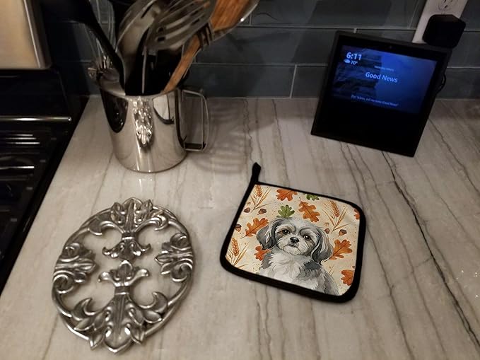 Caroline's Treasures Grey and White Tibetan Spaniel Heirloom Fall Pair of Pot Holders Pair 7.5x7.5 Quilted Insulated Hot Pads Decorative Kitchen Gift Made in USA