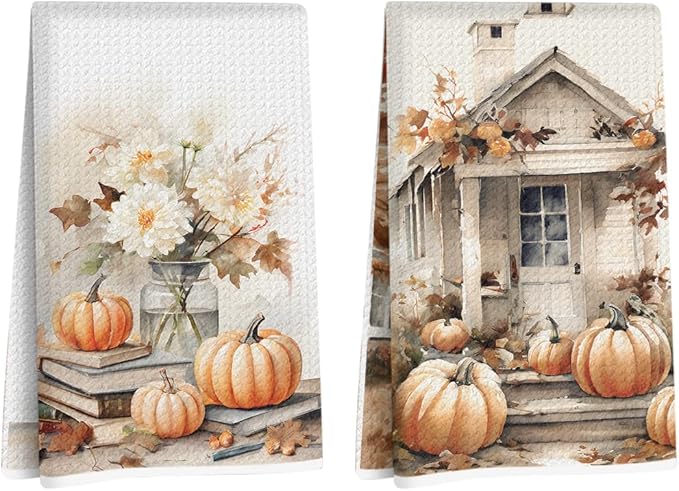 2 Pcs Vintage Fall Pumpkin Kitchen Towels, Maple Leaves Decorative Absorbent Microfiber Dish Cloth Tea Towel, Rustic Waffle Soft Hand Towels for Farmhouse Home Bathroom, Fall Harvest Gifts