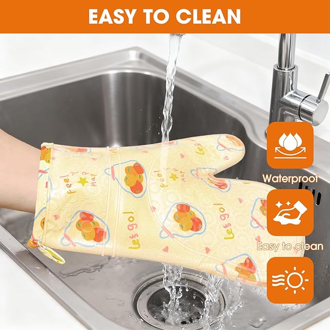 Silicone Oven Mitts Set Heat Resistant 2PCS Kitchen Mittens with Soft Cotton Lining Long Waterproof Non-Slip Oven Gloves for Cooking, BBQ, Baking-Fruit