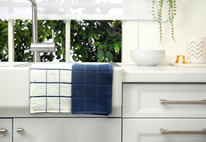 100% Cotton Terry Dish Cloth & Dish Towel, 8 Pack, Super Soft and Absorbent Kitchen Towels, Perfect for Kitchen Cleaning and Dish Washing (Navy (Solid and Check) 8 Pack)