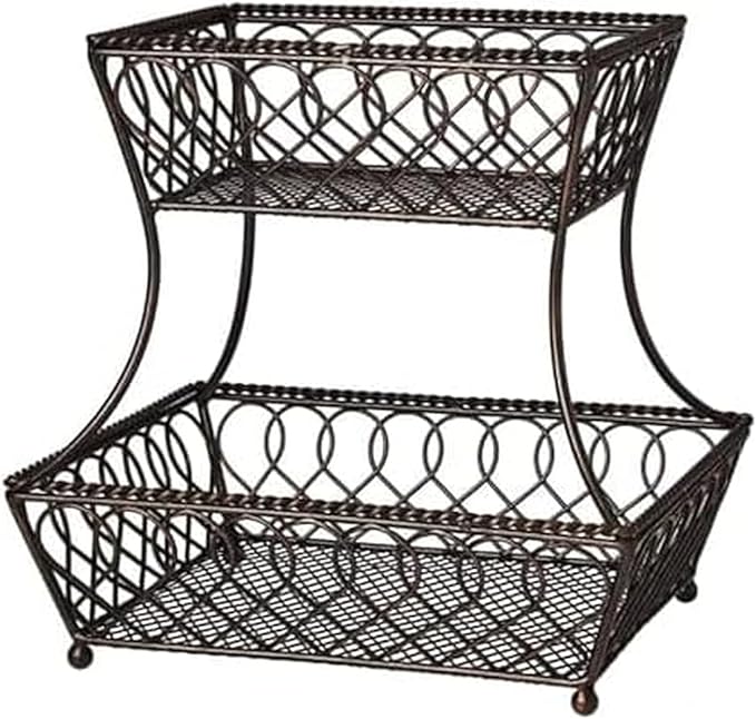 Gourmet Basics by Mikasa Loop and Lattice 2-Tier Rectangular Metal Countertop Basket, 14.25 x 12 Inches, Antique Black Finish, Kitchen Fruit and Bread Storage Organizer