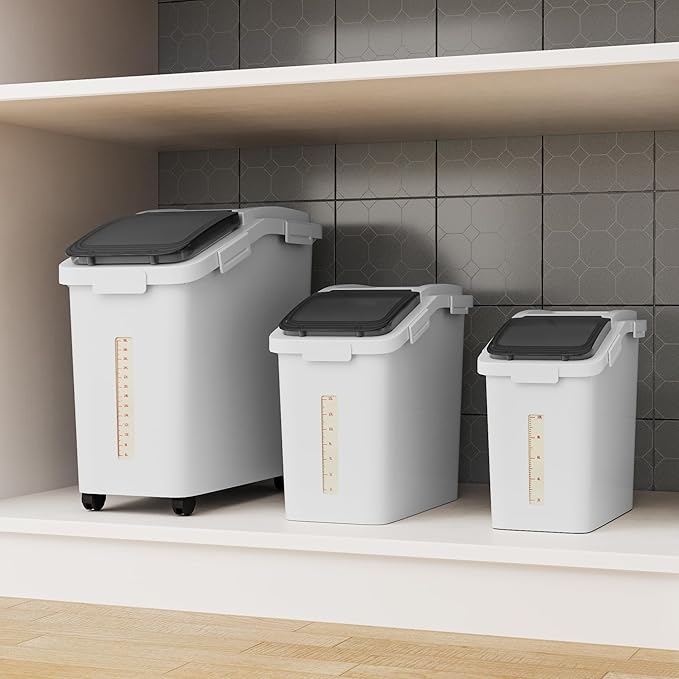 DWVO Large Ingredient Storage Bins, 20.6 Gal(11.4+5.8+3.4 Gal) Flour Rice Food storage Containers Bins with Wheels, Scoop and Airtight Lid for Dry Food, Flour, Cereal Grain, Sugar, White, Pack of 3