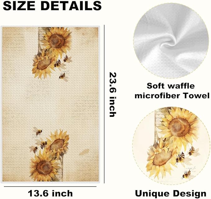 4 Pcs Vintage Sunflower Kitchen Towels, Watercolor Decorative Absorbent Microfiber Dish Cloth Tea Towel, Rustic Waffle Soft Hand Towels for Farmhouse Home Bathroom, Sunflower Gifts