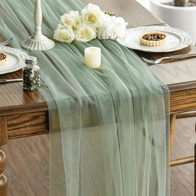 Artoid Mode 6PCS Sage Green Gauze Table Runner 120 Inch 10FT, Seasonal Sheer Kitchen Dining Holiday Wedding Birthday Baby Shower Table Decor for Home Party