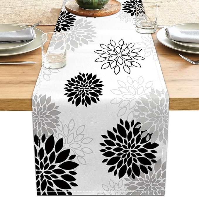 Dahlia Flower Table Runner 13x90 Inch Farmhouse Blue Gray Runners Modern Table Decorations Rustic Geometric Coffee Table Runner for Home Kitchen Dining Room Party (13"x90", Dahlia Floral-Black)