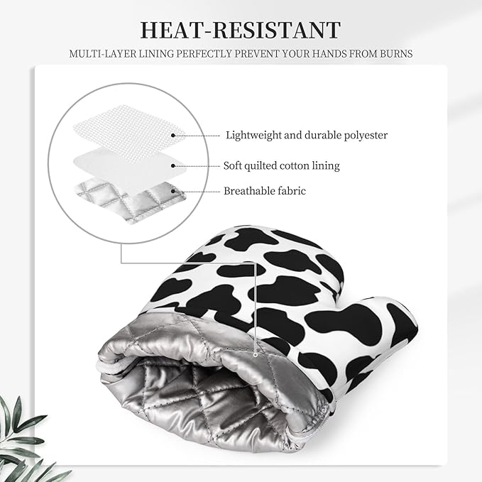 Cow Print Oven Mitts and Pot Holders Sets Silicone Black White Cow Print Kitchen Mitts Potholders Heat Resistant 4Pcs Farmhouse Cowhide Oven Gloves Hot Pads for Kitchen Baking Cooking