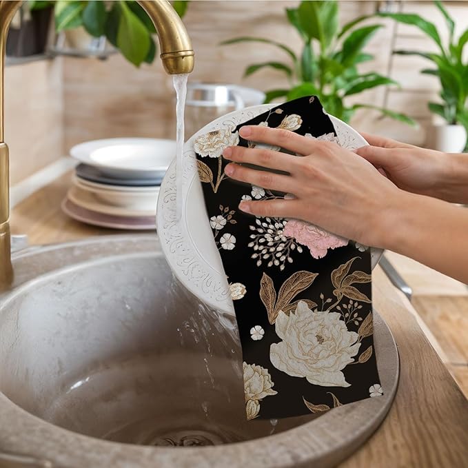 Dark Vintage Floral Kitchen Towels, Art Nouveau Flower Dish Towels Drying Cloth for Kitchen, Boho Cottagecore Botanical Decorative Hand Towel for Bathroom, 16x24 Inch Set of 2
