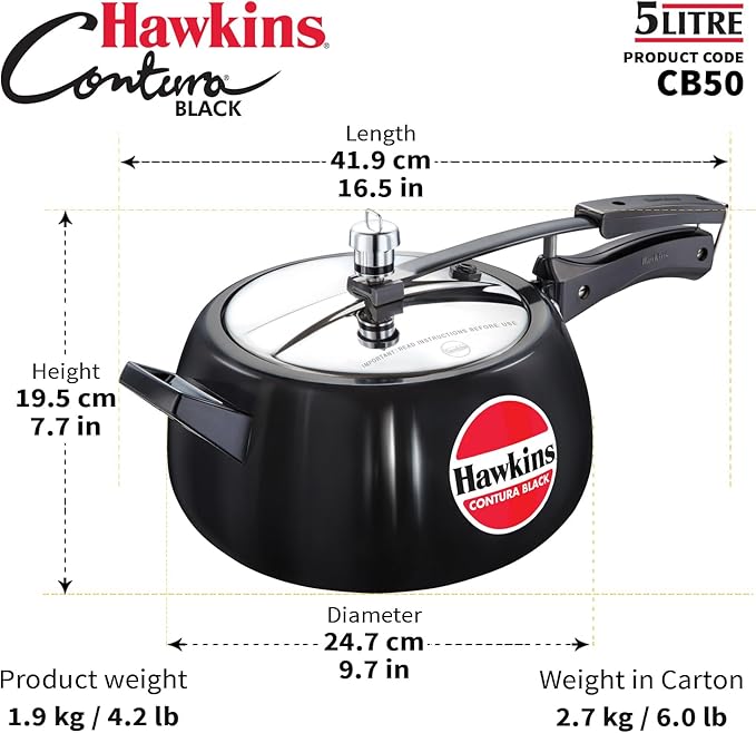 Hawkins Contura Black Pressure Cooker, 5 Litre, Black (CB50)