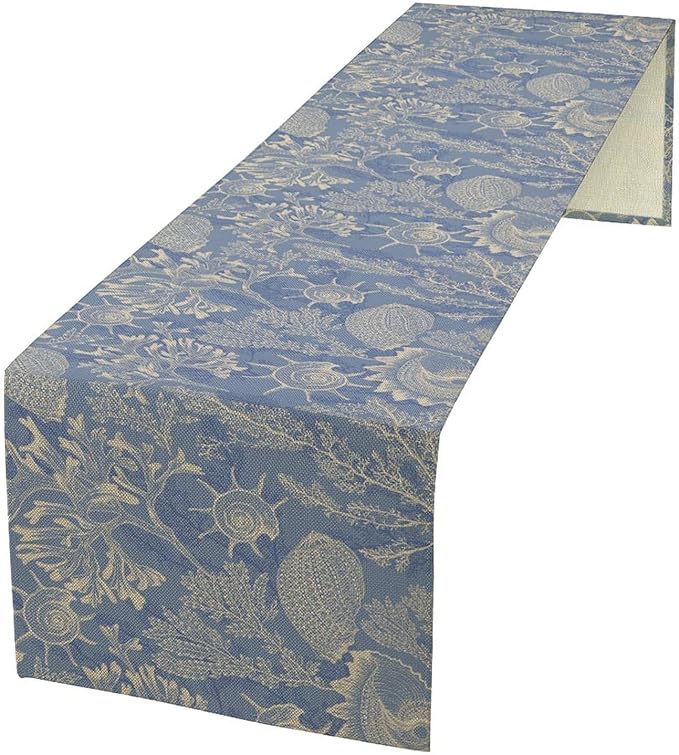 Nautical Themed Table Runner Beach Coastal Coral Starfish Shell Art Printed Runner for Home Kitchen Dining Table Living Room Decor Fabric 1 Panel W13xL108in