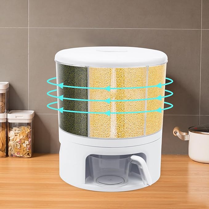 360° Rotating Grain Dispenser With 6 Grids, 24lbs Large Capacity Grain Dispenser Rotating Kitchen Storage Containers With Sealed Lid For Peanut Barley Millet And Cereal(White)