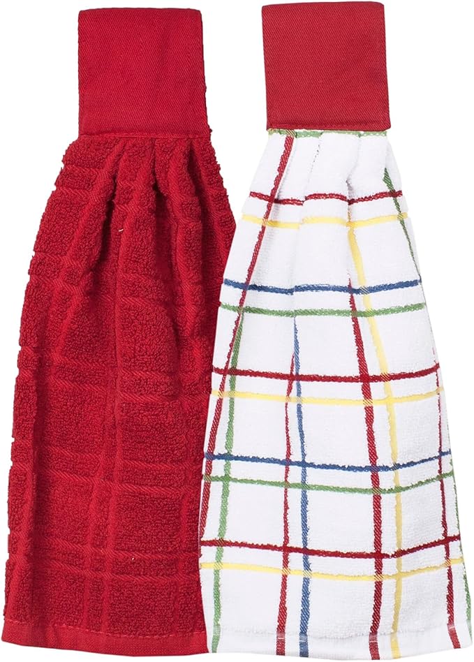 Ritz Premium 100% Cotton Solid and Multi Check Kitchen Tie Towel, Absorbent, Super Soft, and Fast Drying Hang Towel, Set of Two, Paprika Red