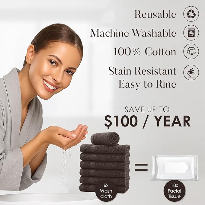 DAN RIVER 12-Pack Premium 100% Cotton Brown Face Towels for Bathroom - Reusable Face Wash Cloths for Showering 12x12 Inches - 550 GSM Super Soft & Absorbent Luxury WashCloths for Body, Spa & Gym