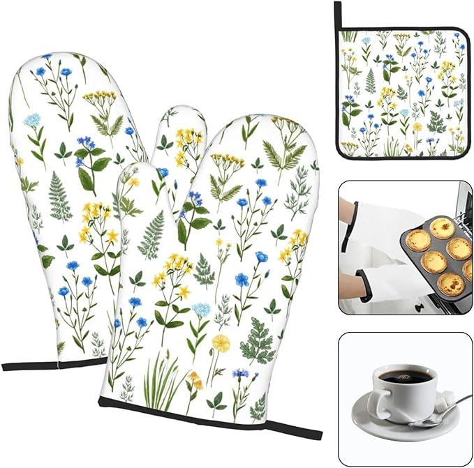 Blue Yellow Green Floral Oven Mitts & Pot Holders Sets of 3, Heat Resistant Sky Blue Teal White Flowers Kitchen Gloves and Hot Pads for Cooking Baking Grilling, Baking Gifts for Women, Kitchen Decor