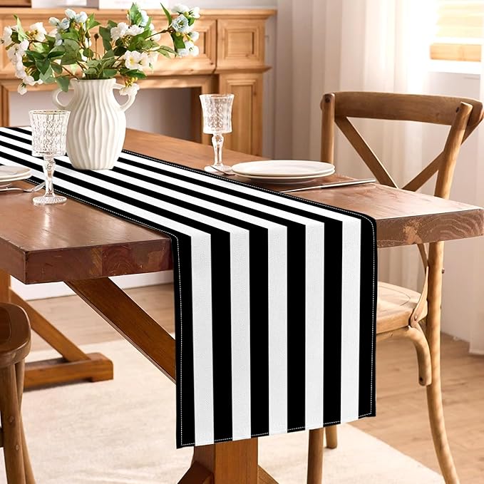 Black and White Cabana Striped Table Runner Birthday Party Decoration Baby Shower Dining Room Home Kitchen Table Decor (Black, 13" x 72")