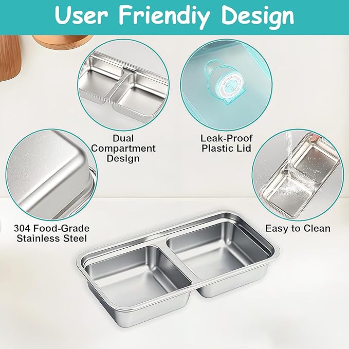 2Pcs 304 Stainless Steel Bento Boxes, 2 Compartments Portable Food Storage Containers Snack Boxes with Lids, Divided Meal Prep Lunch Box Food Container Dishwasher Safe