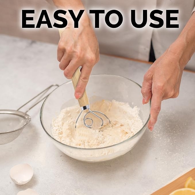Zulay Kitchen 13-Inch Danish Dough Whisk - Stainless Steel Wooden Whisk with Dough Hook - Sourdough Whisk for Bread, Pizza, Pastry, Cake Batter & More - Wood