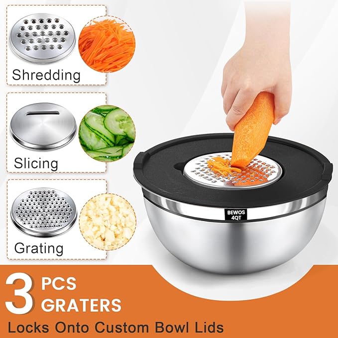 BEWOS 21 Pcs Mixing Bowls with Lids - 7 Stainless Steel Bowls, 3 Graters, 11 Practical Kitchen Accessories, Dishwasher Safe, Ideal for Baking, Meal Prep & On-the-Go, Easy to Store