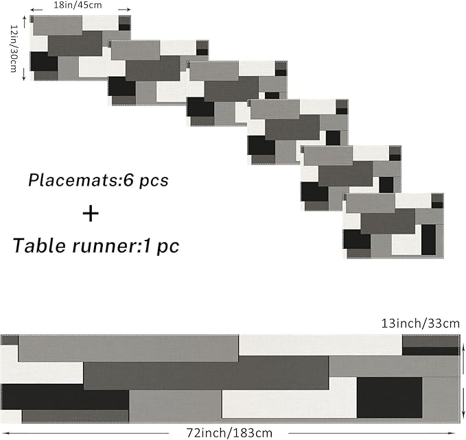 ArtSocket Geometric Table Runner and Placemats Set of 6, White Black Grey Abstract Painting Art Dining Decor for Daily Use(1 Table Runner 72 inches Long and 6 Placemats)