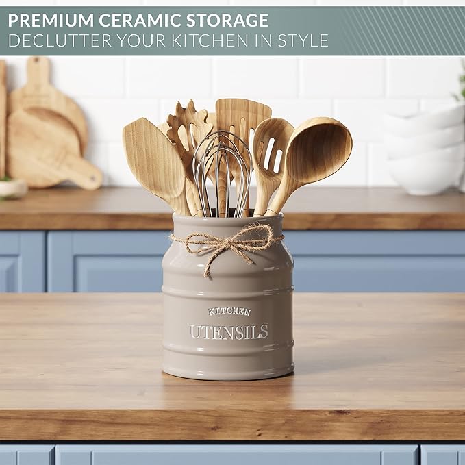 Barnyard Designs Ceramic Farmhouse Utensil Holder for Kitchen Counter, Large Rustic Utensil Crock, Countertop Cooking Tool Spatula Organizer, 6.75” (Taupe)