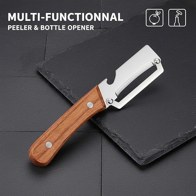 Sakerplus Multifunctional Vegetable Peeler,Multi Functional Premium Vegetable Peeler with Wooden Handle and Bottle Opener,Stainless Steel Blade Kitchen Tool (2)