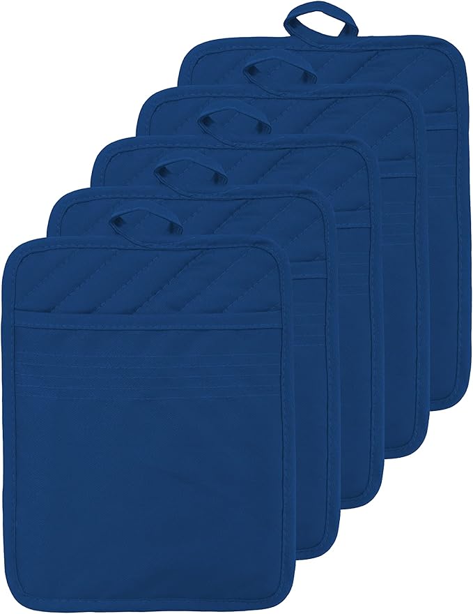 Oven Pot Holder with Pocket Cotton Heat Resistant Coaster Potholder Kitchen Hot Pad Oven Mitts for Cooking Square 7"x9"Set of 5 (Blue)