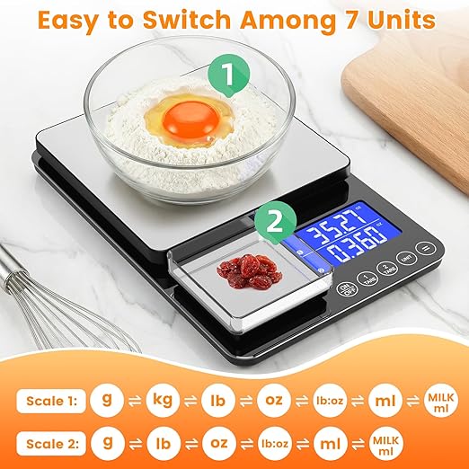 KKZ 0.001oz/33lb Kitchen Scale, Dual Platform Food Scale Grams and Ounces Rechargeable for Weight Loss Baking Cooking Meal Prep Sourdough Bread, Stainlesl Steel