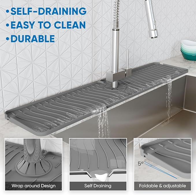 24 Inch Longer Faucet Mat for Kitchen Sink, Silicone Sink Faucet Mat Splash Guard 5° Slope Premium Kitchen Sink Splash Faucet Guard, Fast Self-Draining Mat (Grey)