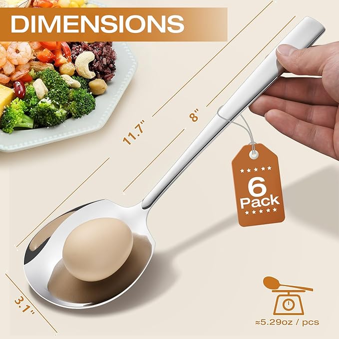 Extra Large Serving Spoons Set 11.7-Inch Silver Serving Utensils 18/8 Stainless Steel Big Metal Spoons for Buffet, Parties, Catering, Banquet - Dishwasher Safe (6-Pack, Silver)