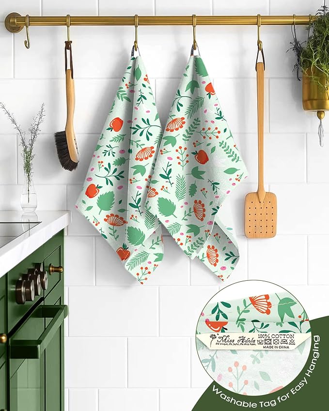 Miss Adola Flour Sack Kitchen Towels Set of 2-18x26 Cotton Dish Towels with Hanging Loop Reusable Tea Towel for Cleaning Spring Absorbent Dishcloths Cute Home Decor Housewarming, Green Leaf Fruit