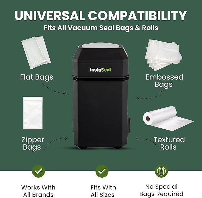 InstaSeal Vacuum Sealer for Food with 12 Bags, Preserves Foods 5x Longer, Space Saving Compact Upright Design Allows Machine to Heat Seal Marinades, Soups, Meats for Sous Vide Cooking