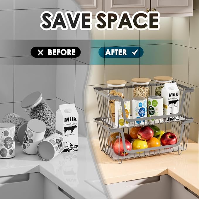 GAOKASE 4 Pcs Stackable Wire Baskets for Pantry Organizers and Storage,Vegetable Fruit Basket for Countertop,Kitchen Storage Metal Baskets,Produce Potato Onion Storage Bin,Gray