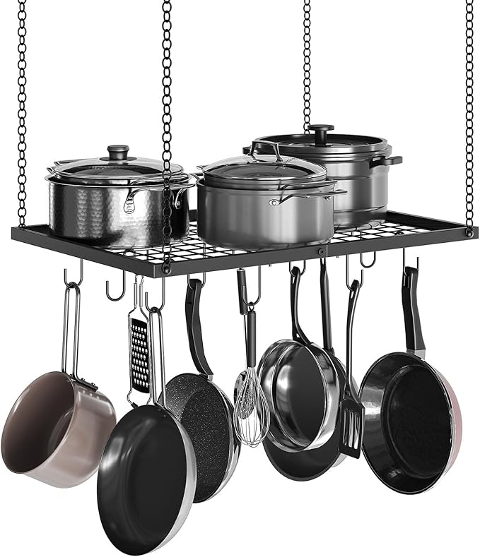 CHOEZON Hanging Pot Rack, Ceiling Mounted Pot Hanger for Kitchen, Metal Cookware Storage Organizer with 12 Hooks, for Storage of Cookware, Utensils in Kitchen, 23.7" L, Black TPR03BB