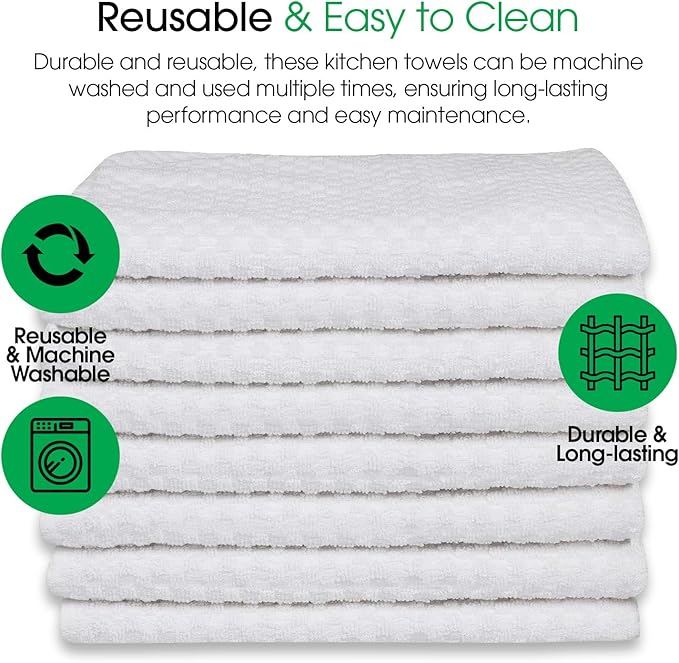 DG Collections Premium Dish Towels for Kitchen, 8 Pack, 15x25 Inch - 100% Cotton Kitchen Towels with Hanging Loop, Highly Absorbent, 400 GSM Bar Mop Cleaning Towels - White