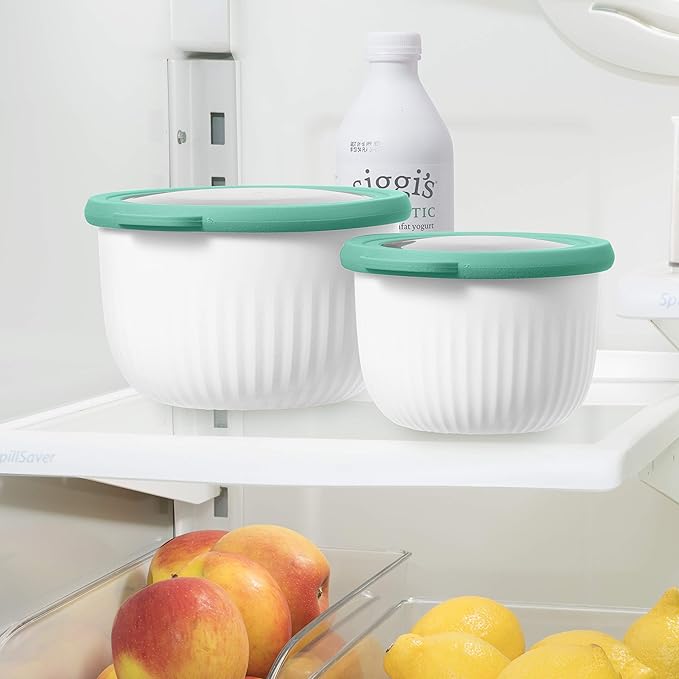 Oggi Prep, Store & Serve Plastic Bowl w/See-Thru Lid- Dishwasher, Microwave & Freezer Safe, (0.7 qt) White/Aqua