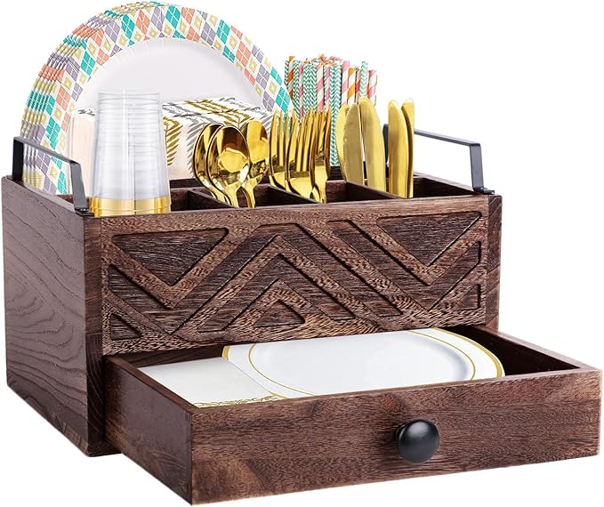Paper Plate Dispenser with Drawer, country style Wood Kitchen Counter, Picnic, Party, Camping - Caddy Organizer for Cups, Spoons, Forks, Plates, office supplies, Napkins & Silverware