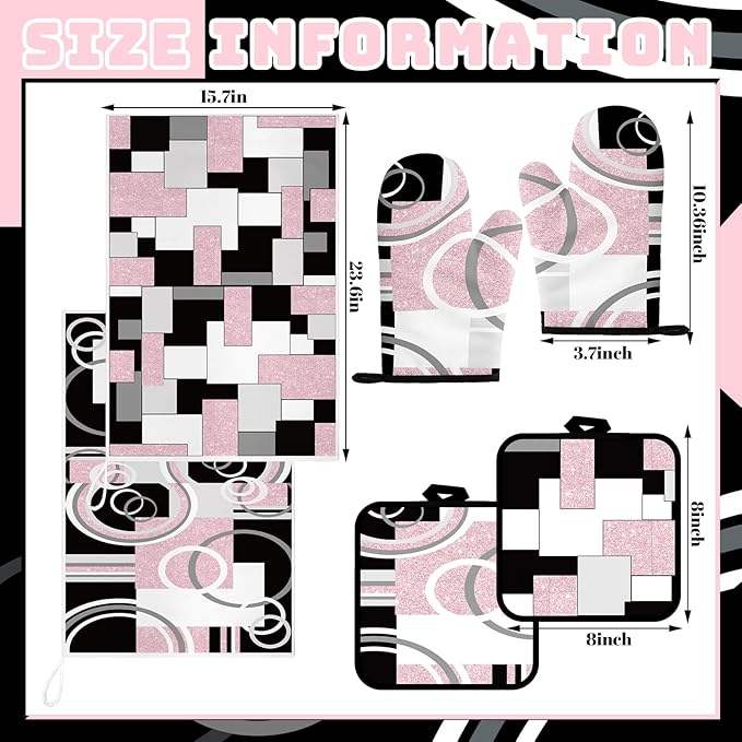 Jingmore 6 Pcs Kitchen Decor Set Accessory Farmhouse Kitchen Towels Pot Holders Oven Mitts Set 2 Dish Towels 2 Pot Holders 2 Cooking Mittens Oven Glove for Cooking (Pink, White, Black,Geometric)
