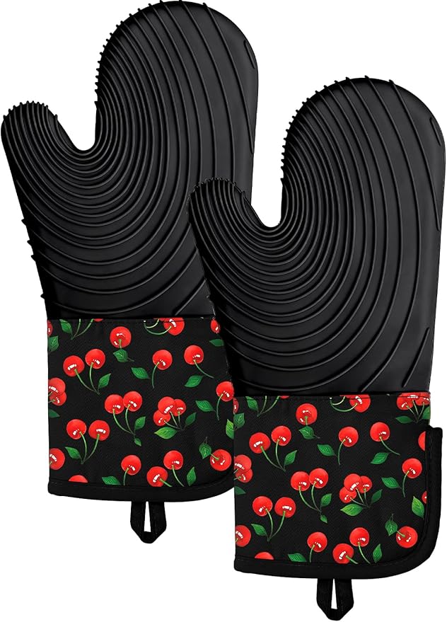 Slohif Long Silicone Oven Mitts Heat Resistant for Women - 2 Pcs Y2K Cherry 100% Cotton Oven Gloves, Non-Slip and Waterproof Silicone Oven Mitts with Hanger for Baking and Cooking